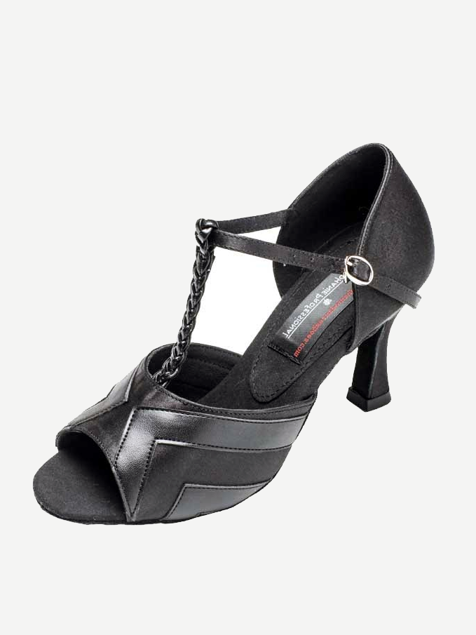 Open toe, t-strap, black ballroom shoe with a mid-height flare heel