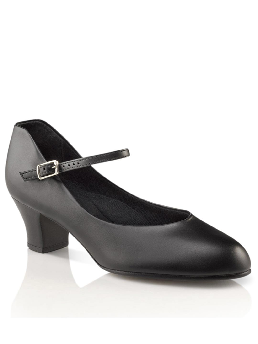 Close-up of a black character shoe with a mary-jane style strap closure against a plain background.