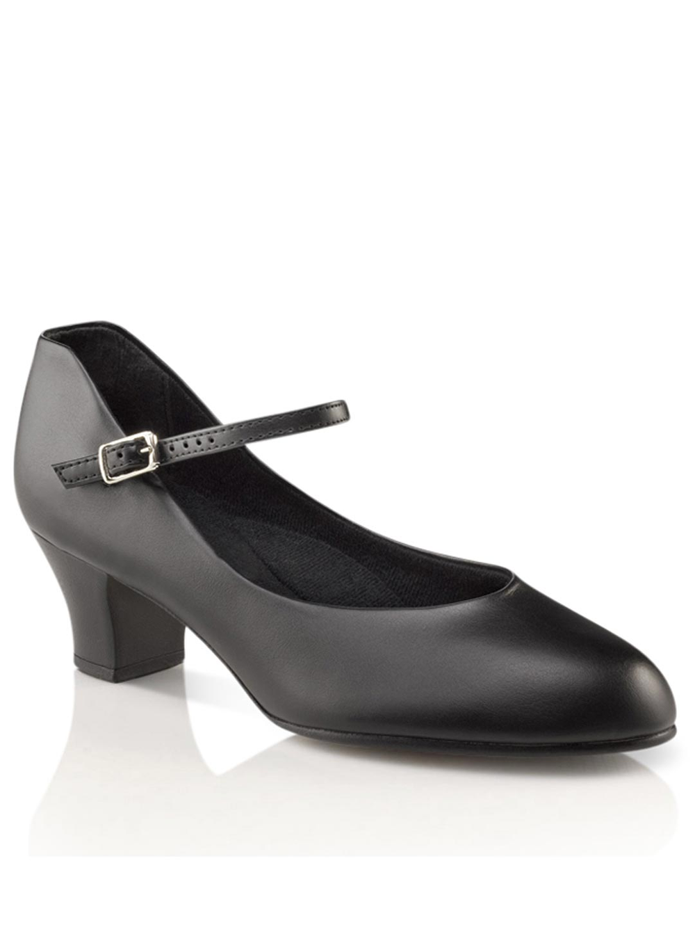 Close-up of a black character shoe with a mary-jane style strap closure against a plain background.
