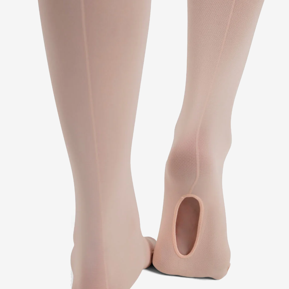 
                      
                        A close-up of the bottom of a foot wearing pink mesh transition tights, showing the hole in the bottom.
                      
                    