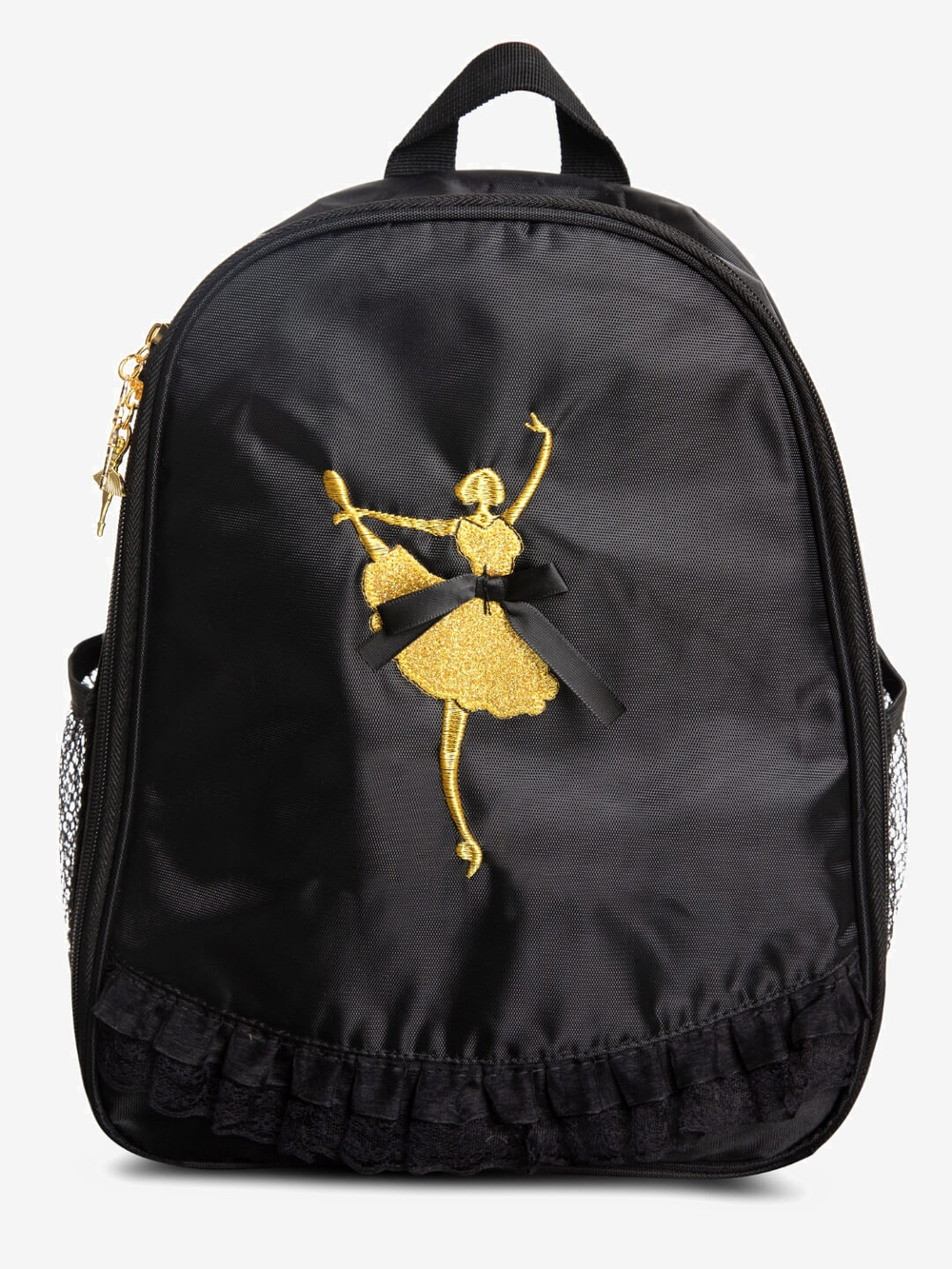 Black backpack with gold ballerina design on a light grey background