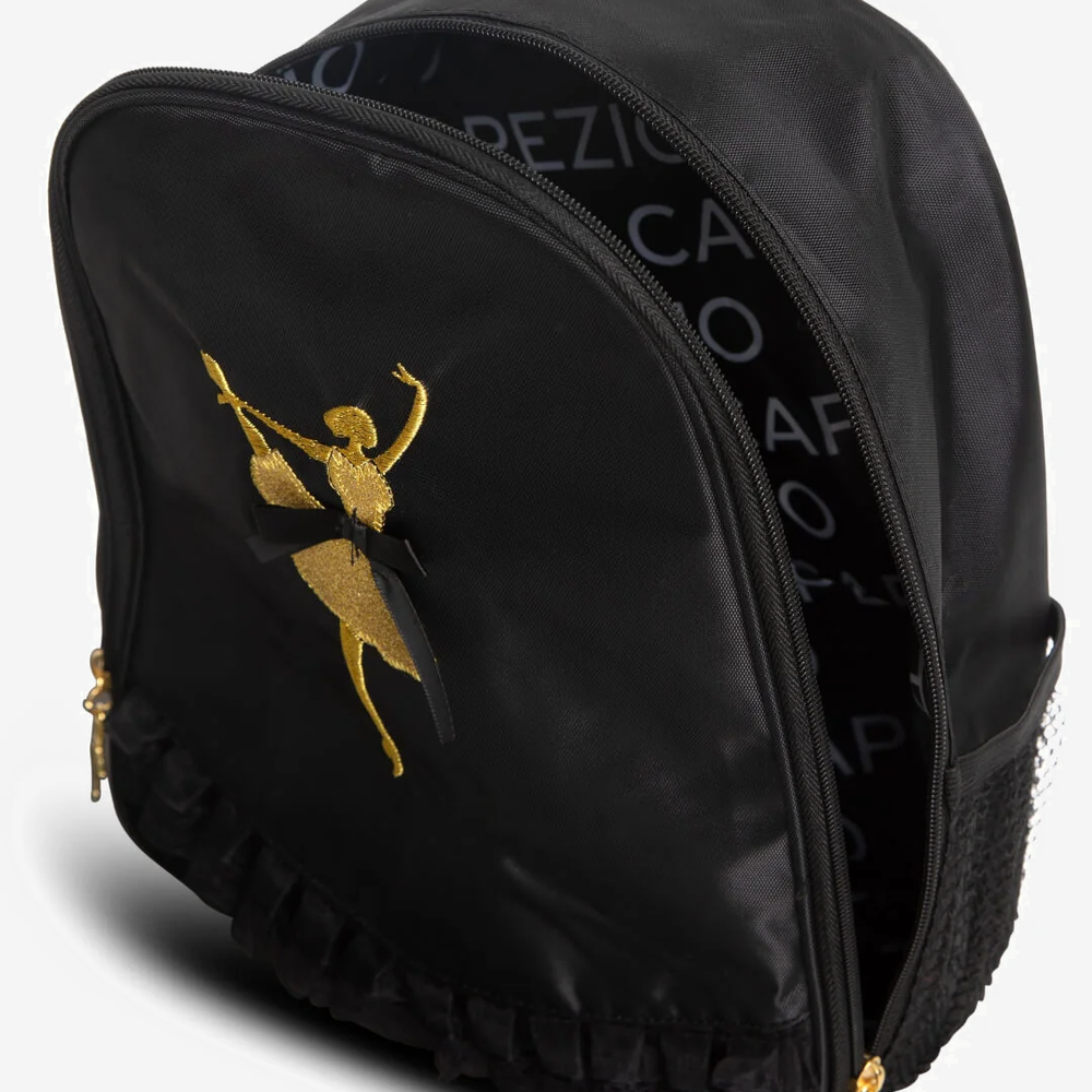 
                      
                        Black backpack with gold ballerina and Capezio logo text inside the backpack
                      
                    