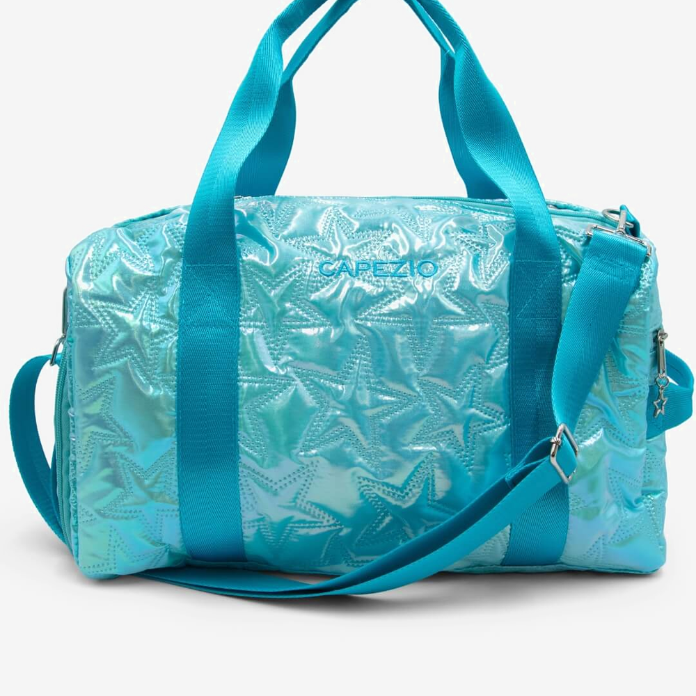 Metallic turquoise duffel bag with star pattern on a white background