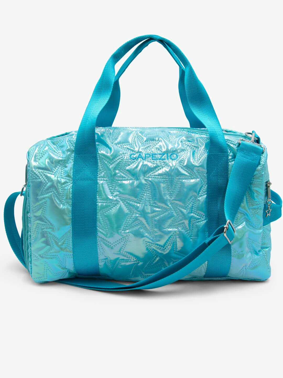 Metallic turquoise duffel bag with star pattern on a white background