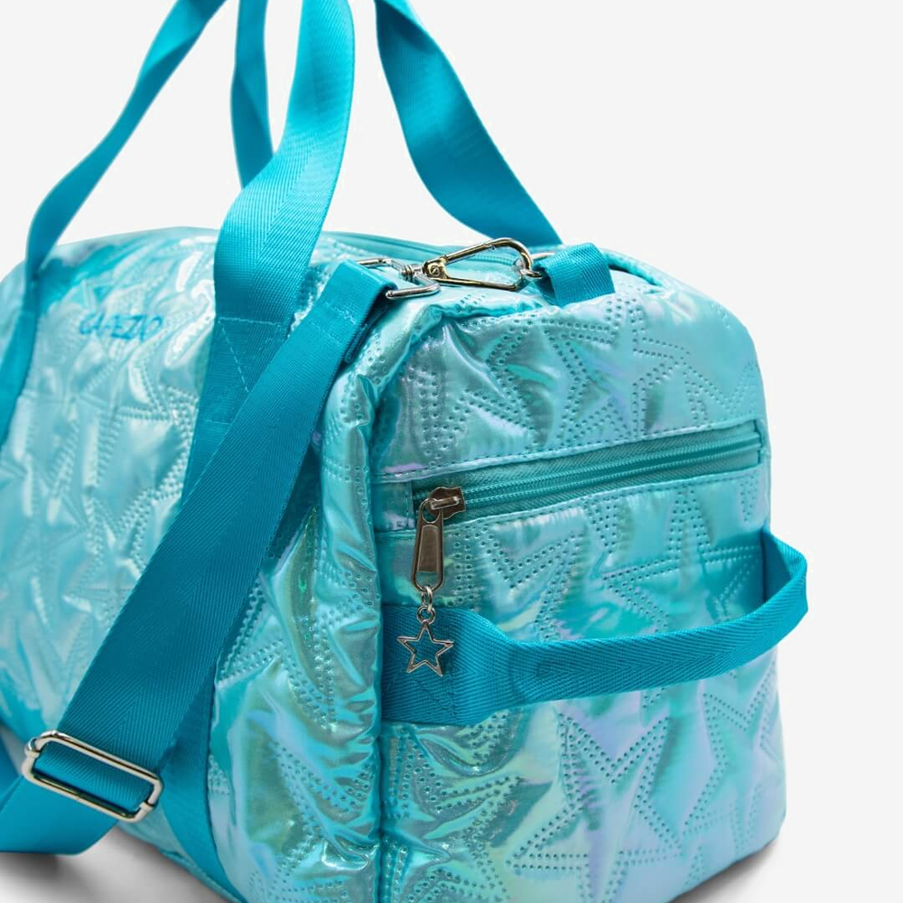 Turquoise duffel bag with star pattern on a white background