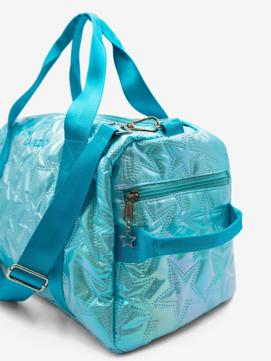 Turquoise duffel bag with star pattern on a white background