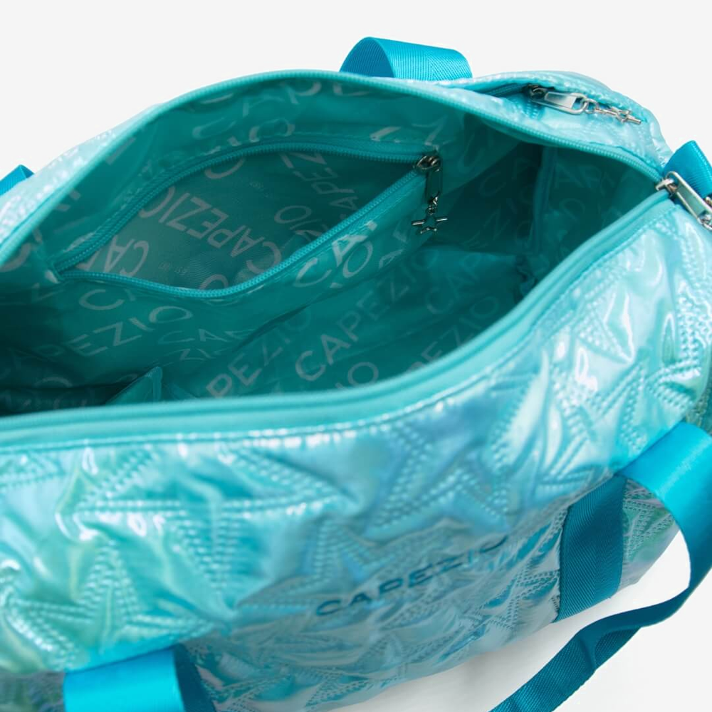 
                      
                        Turquoise duffel bag with visible Capezio branding on a white background
                      
                    
