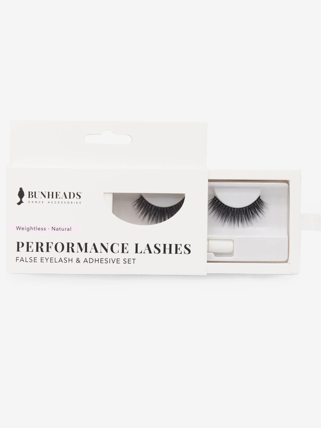 False eyelash and adhesive set packaging with 'Bunheads' branding on a white background