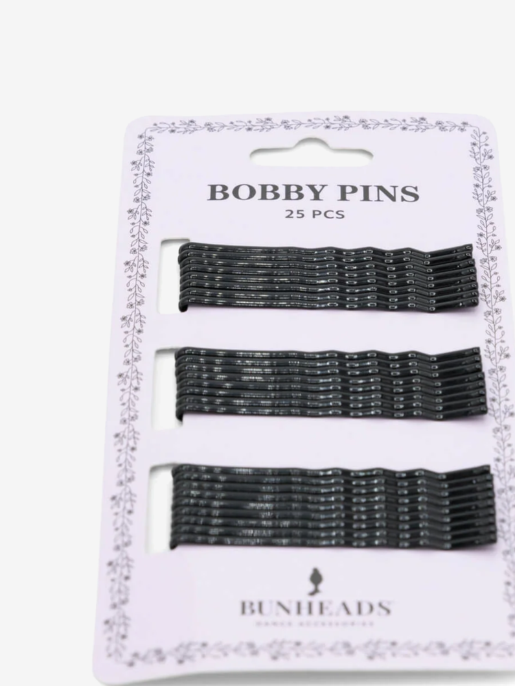 
                      
                        A single sleeve of 25 black bobby pins, bunheads bobby pins text visible, against a plain background.
                      
                    
