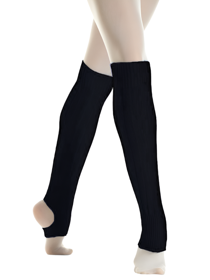 A close-up of a person's legs wearing knee length, black legwarmers