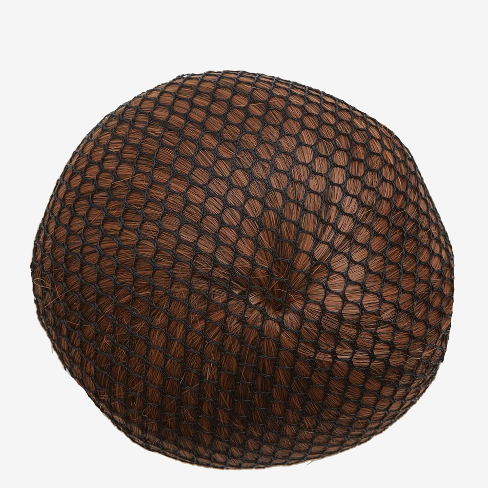 
                      
                        A hair bun by itself covered in a black bun cover net against a plain background.
                      
                    