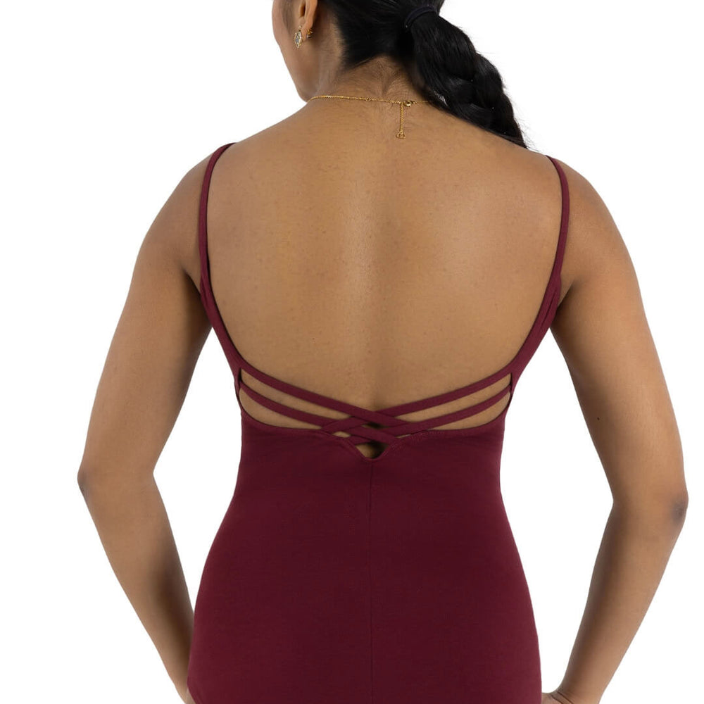 
                      
                        A female dancer standing back forward to show the strappy back design of the burgundy leotard she is wearing. Long dark hair in braided and bobby pinned and pulled over the front shoulder. Plain background.
                      
                    