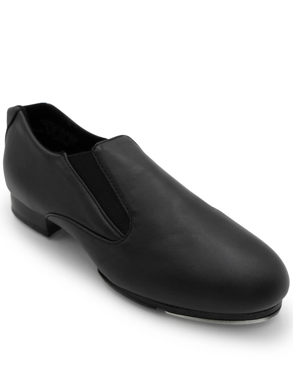 Angled view of a split-sole, slip on tap shoe, with side gussets resembling a jazz shoe.