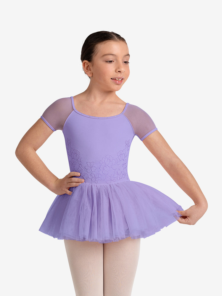 
                      
                        Young girl wearing a purple ballet dress on a white background
                      
                    