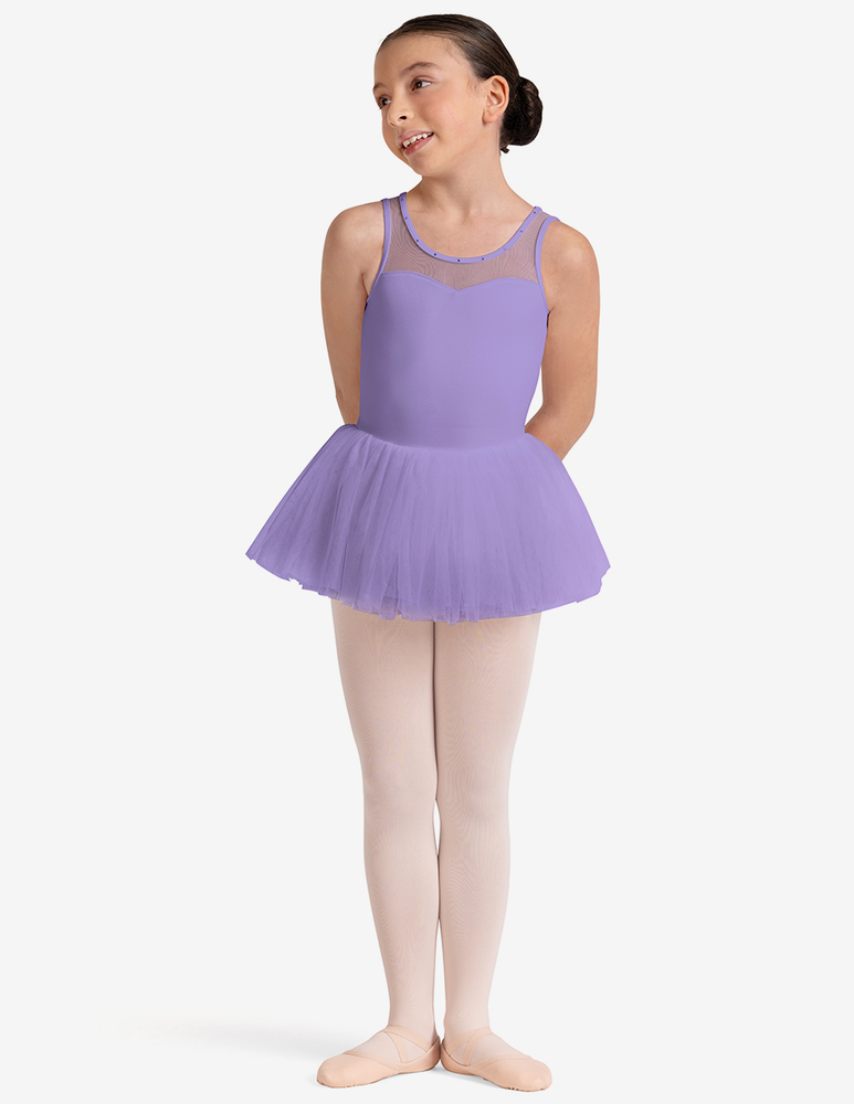 
                      
                        Young girl wearing a lilac ballet dress on a white background
                      
                    