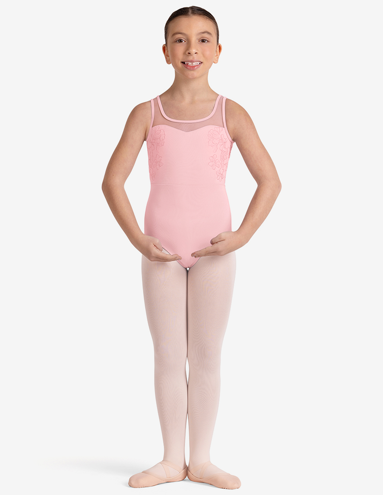 
                      
                        Child wearing a pink leotard and tights on a white background
                      
                    