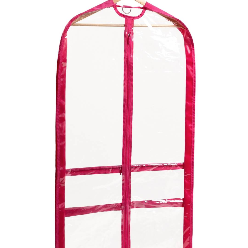 A Clear Capezio Garment Bag with Pink Trim Hanging from a Wooden Handle