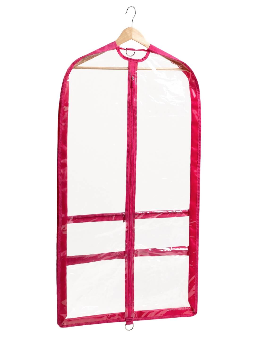 A Clear Capezio Garment Bag with Pink Trim Hanging from a Wooden Handle