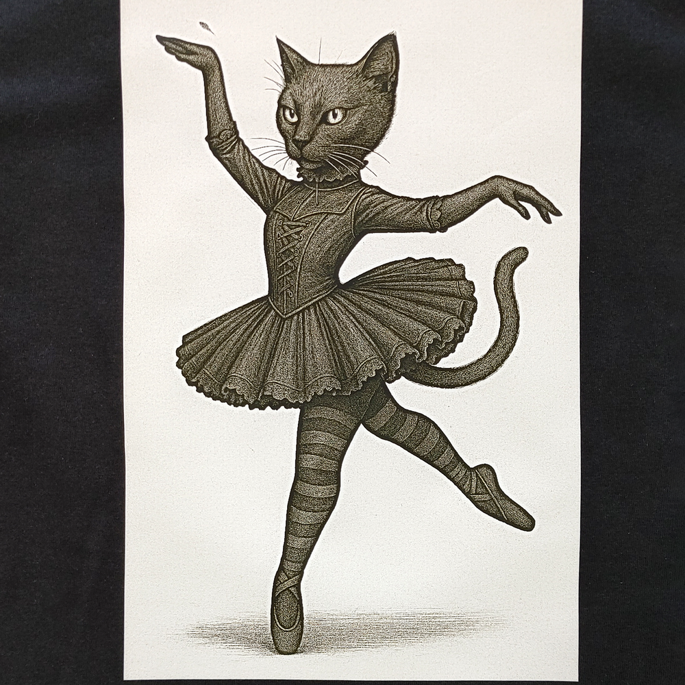 Illustration of a cat in a ballerina outfit on an off-white background