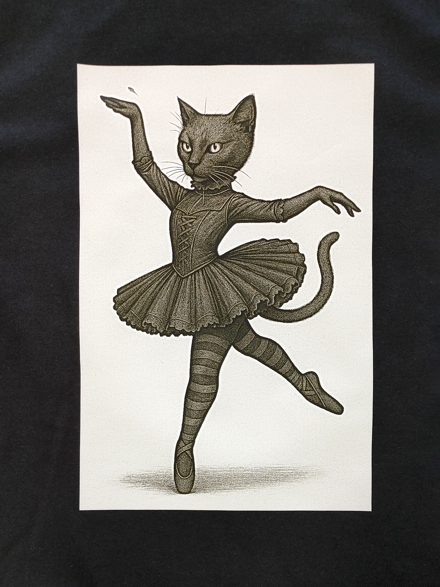 Illustration of a cat in a ballerina outfit on an off-white background