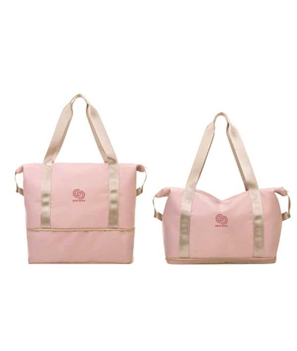 Joi Studio Tote Bag By Covet Dance. Two Pink Expandable Bags. One is Expanded, the Other is Not. Image of Bag With Strap Raised. 