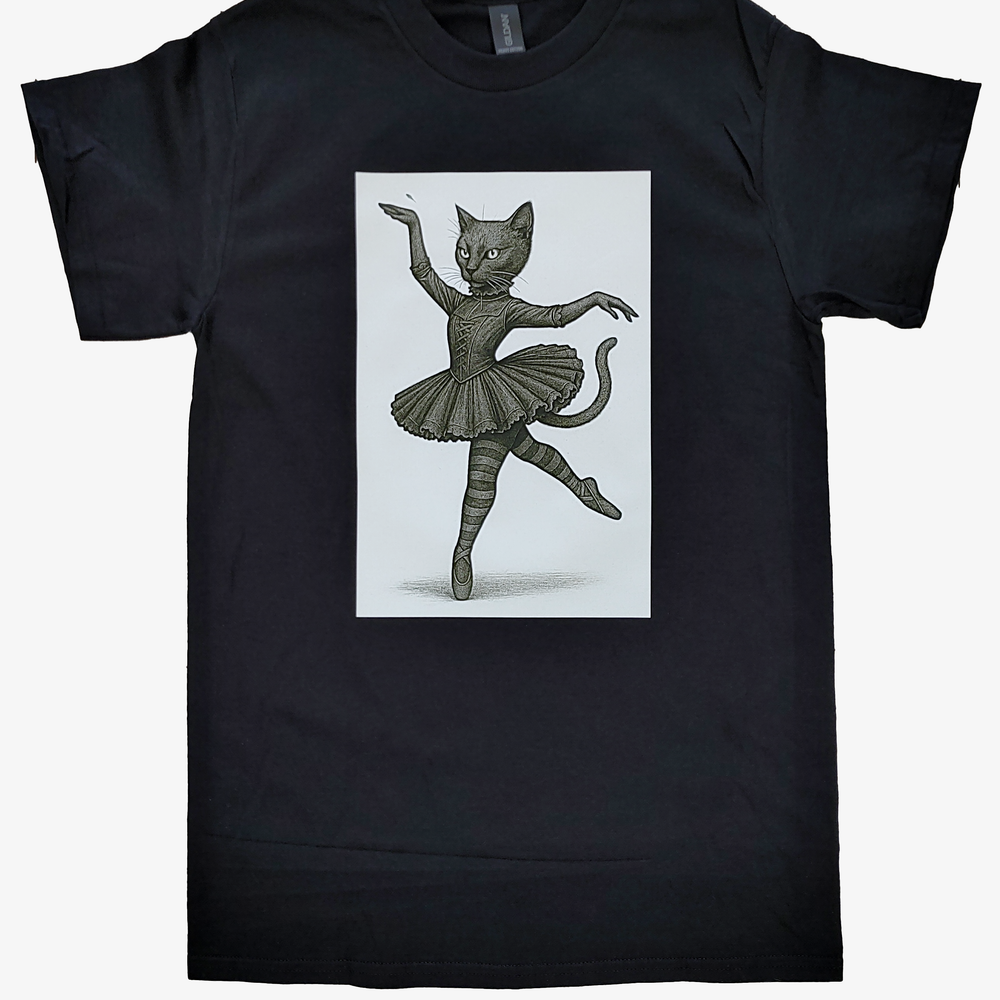 Black t-shirt with a graphic of a ballerina cat on a plain background