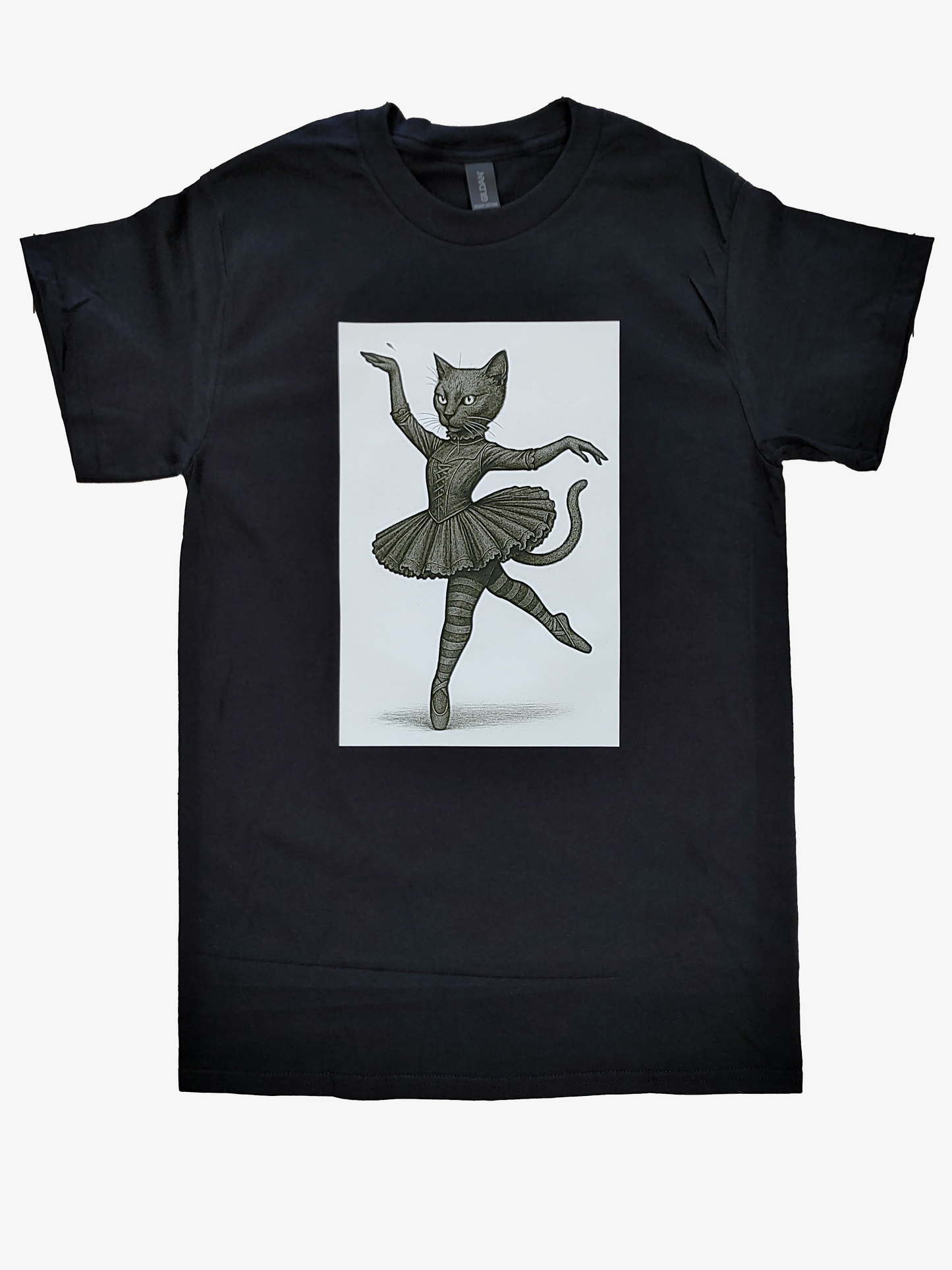 Black t-shirt with a graphic of a ballerina cat on a plain background