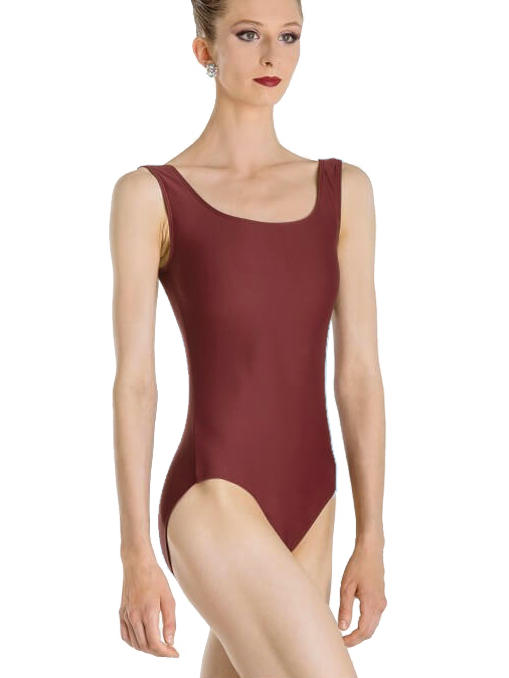 
                      
                        A female stands tall, hair slicked back in a bun, wearing a burgundy tank leotard.
                      
                    