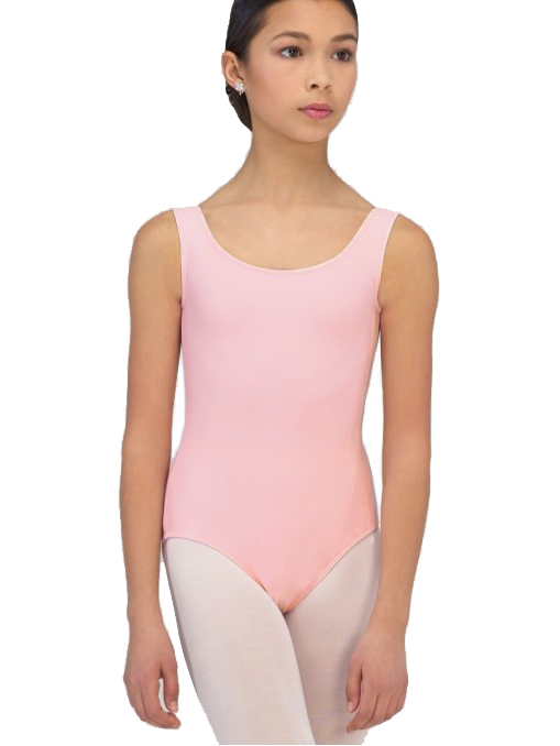 A young female faces forward, arms at her sides, wearing a pink tank style leotard and ballet pink tights