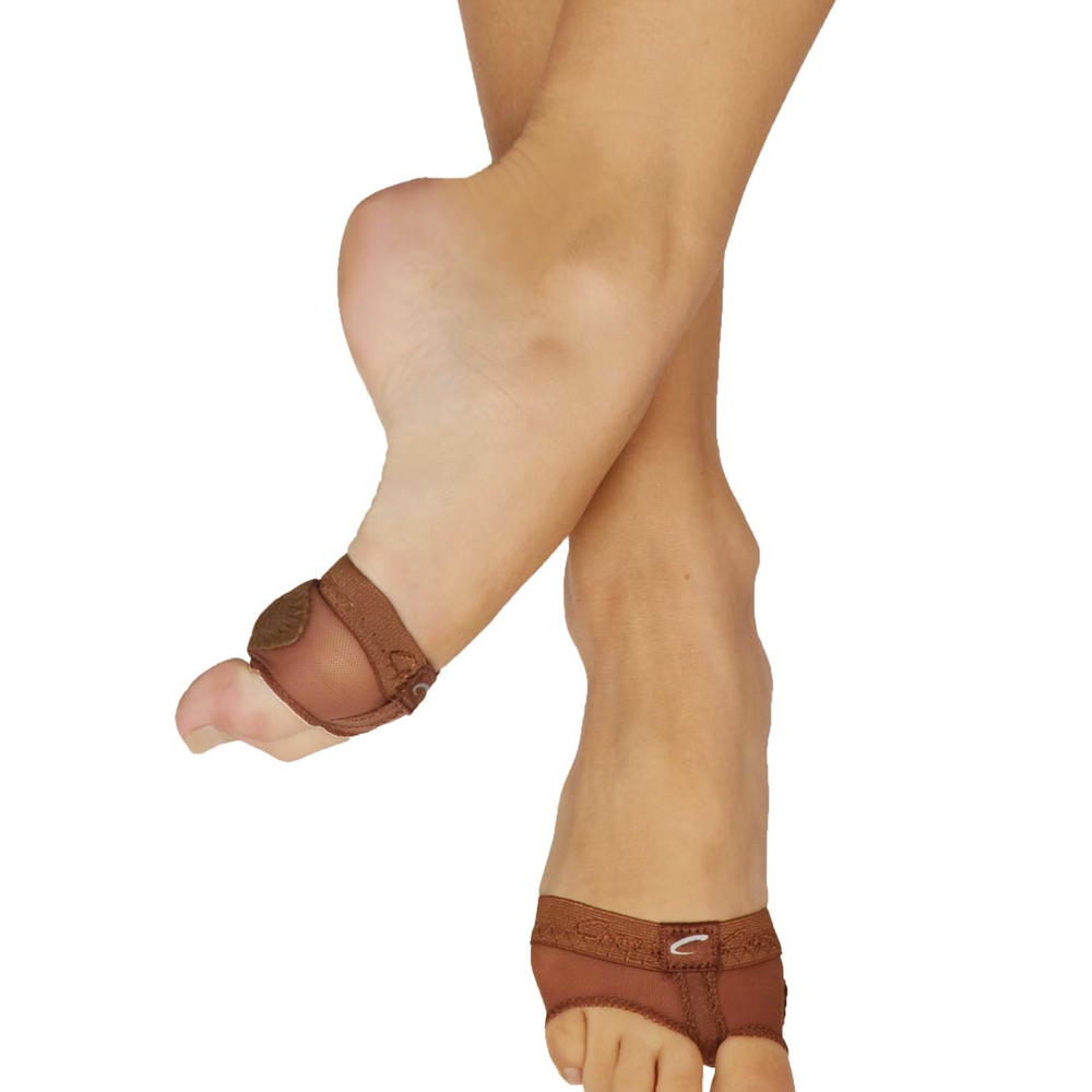 
                      
                        A close-up of a person's legs wearing espresso colored footundeez, which cover the ball of the feet, leaving toes out
                      
                    