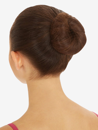 The back of a female's head, brown hair pulled into a ballet bun and covered in a matching hair net to keep it sleek and without flyaways.