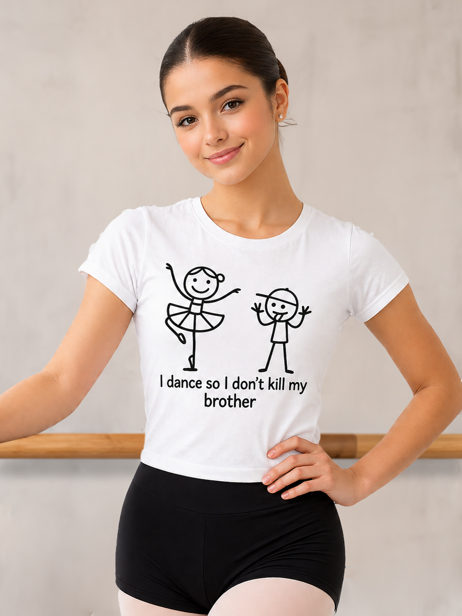 Female wearing a white t-shirt with a graphic and text, standing against a plain background.