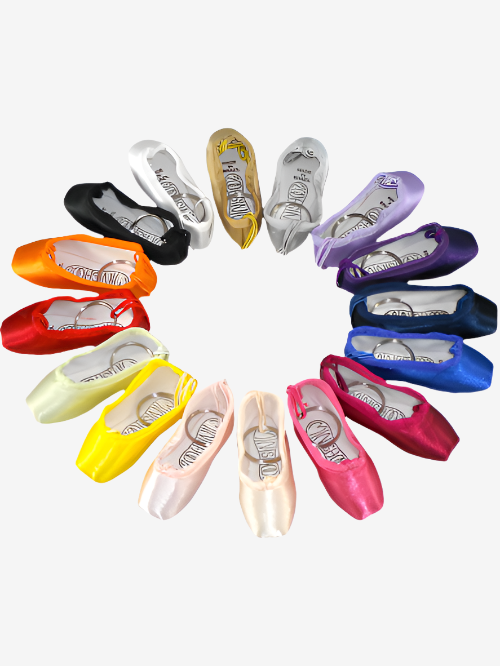 16 mini pointe shoe keychains in varying colors are arranged in a circle.