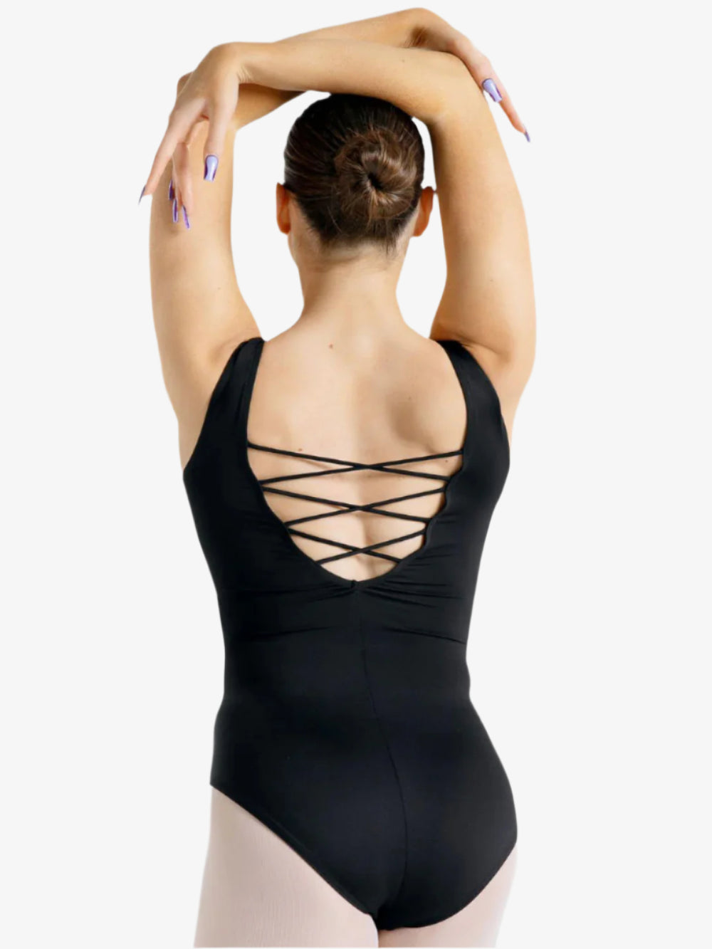 Black leotard with open back design on a white background