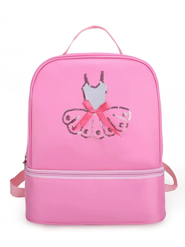 The Sparkly Tutu Backpack from Covet Dance is a Pretty Pink Backpack. On the Back a Dancer's Leotard in Sequins is Adorned with a Pink Ribbon. The Zippers Feature Cute Ballerina Charms that Dangle.