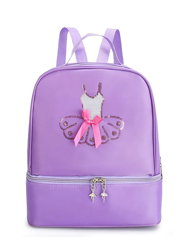 The Sparkly Tutu Backpack from Covet Dance is a Pretty Purple Backpack. On the Back a Dancer's Leotard in Sequins is Adorned with a Pink Ribbon. The Zippers Feature Cute Ballerina Charms that Dangle.