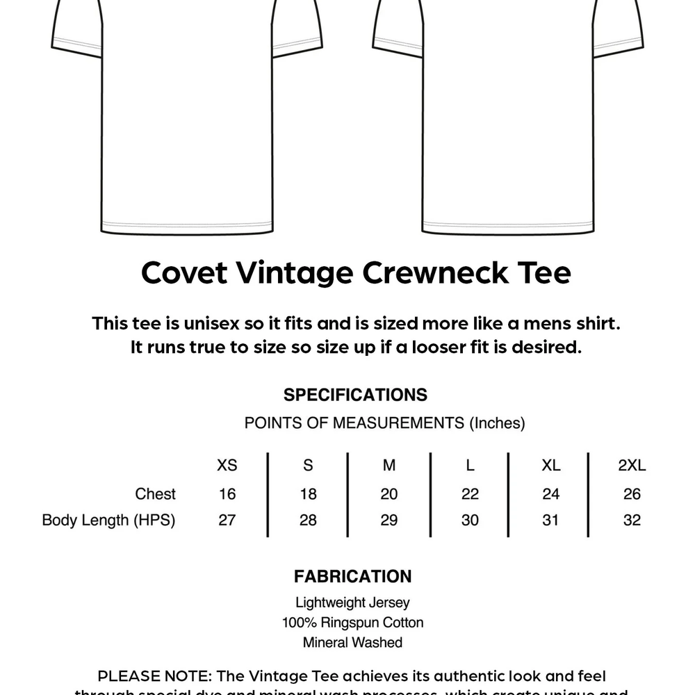 
                      
                        Covet Vintage Crewneck Tee specifications and measurements on a white background
                      
                    