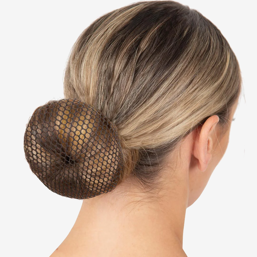 
                      
                        The back of a person's head with highlighted blond and light brown hair and a brown hair colored bun cover.
                      
                    