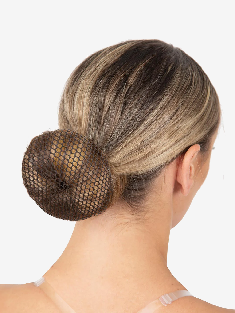 The back of a person's head with highlighted blond and light brown hair and a brown hair colored bun cover.