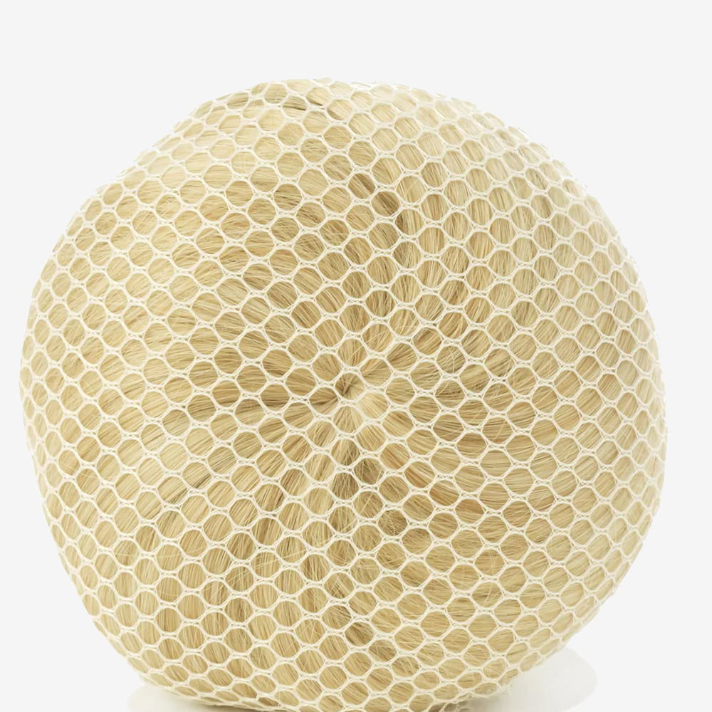 
                      
                        A hair bun by itself covered in a matching blonde bun cover net against a plain background.
                      
                    