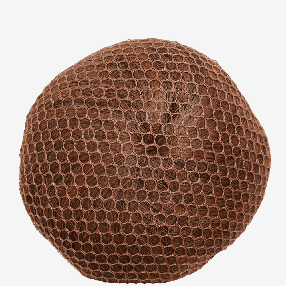 
                      
                        A hair bun by itself covered in a matching brown bun cover net against a plain background.
                      
                    