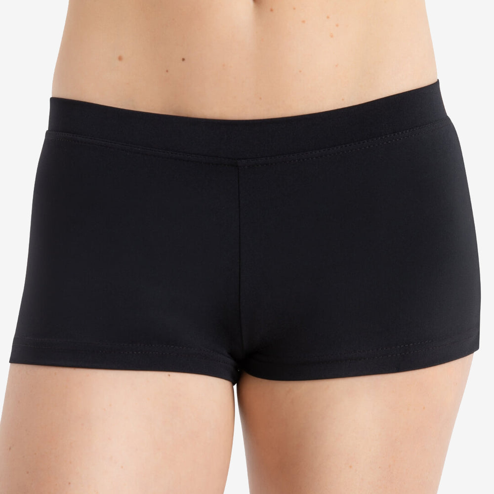 
                      
                        A person wearing a pair of black, fitted shorts is shown from the waist to the thighs. The background is plain and neutral.
                      
                    