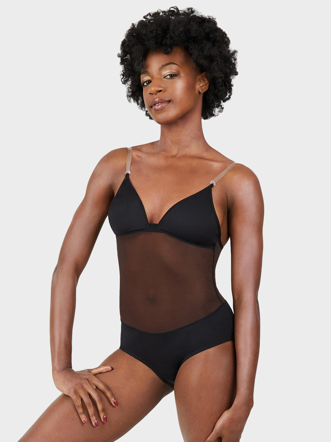 Plunge Neck Mesh Midriff Leotard