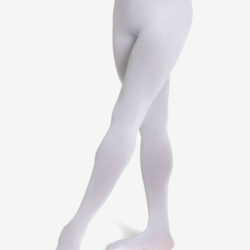 
                      
                        A close-up of a person from the waist down wearing a black leotard and white tights, the left leg is pointed forward. Plain background.
                      
                    