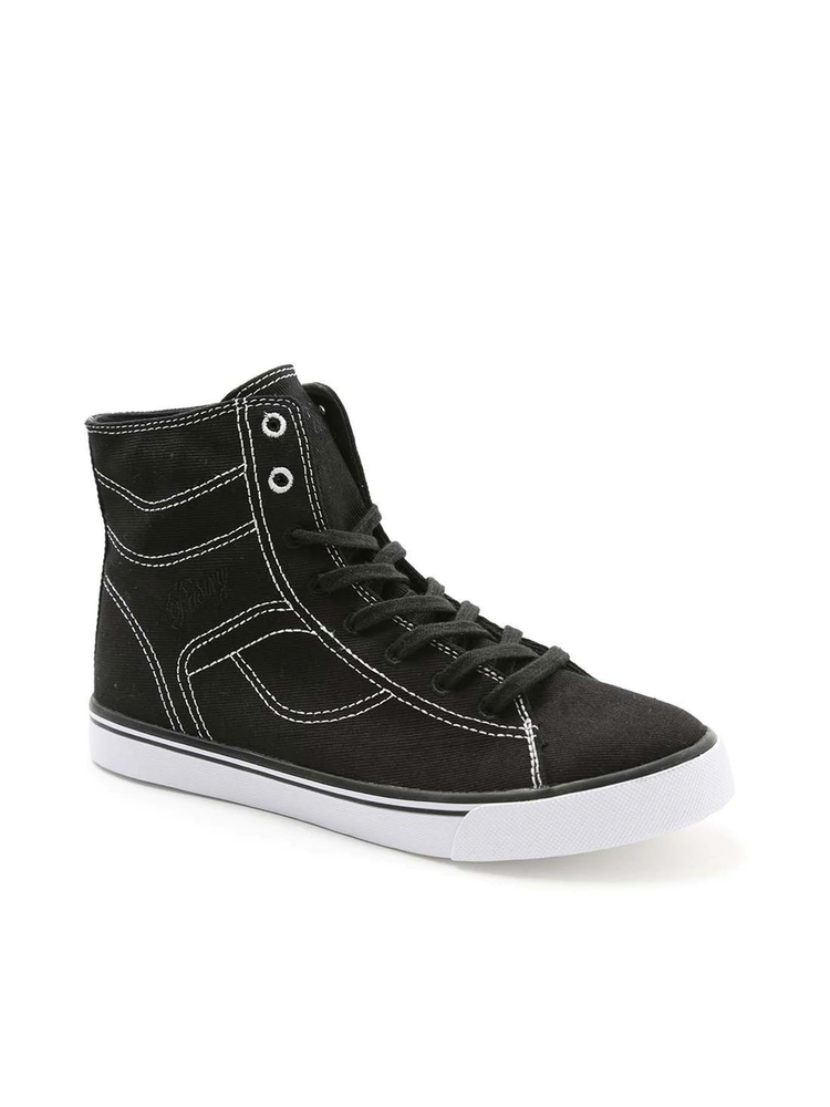 High top black sneaker with white sole and white stitching against a white background
