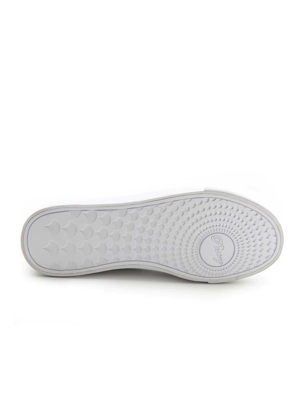 Bottom of the sneaker, white sole with a Pastry logo turn pad