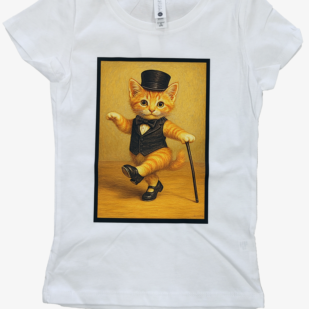 White t-shirt with a graphic of a cat in formal attire on a white background