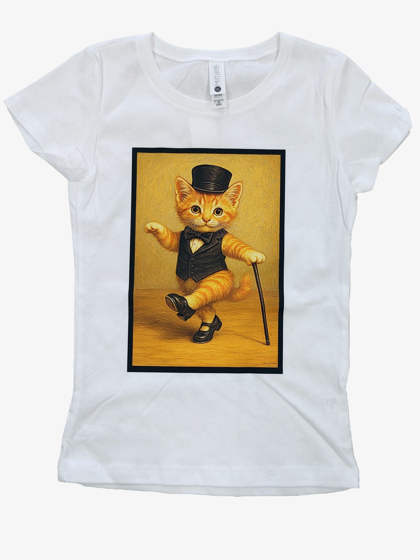 White t-shirt with a graphic of a cat in formal attire on a white background