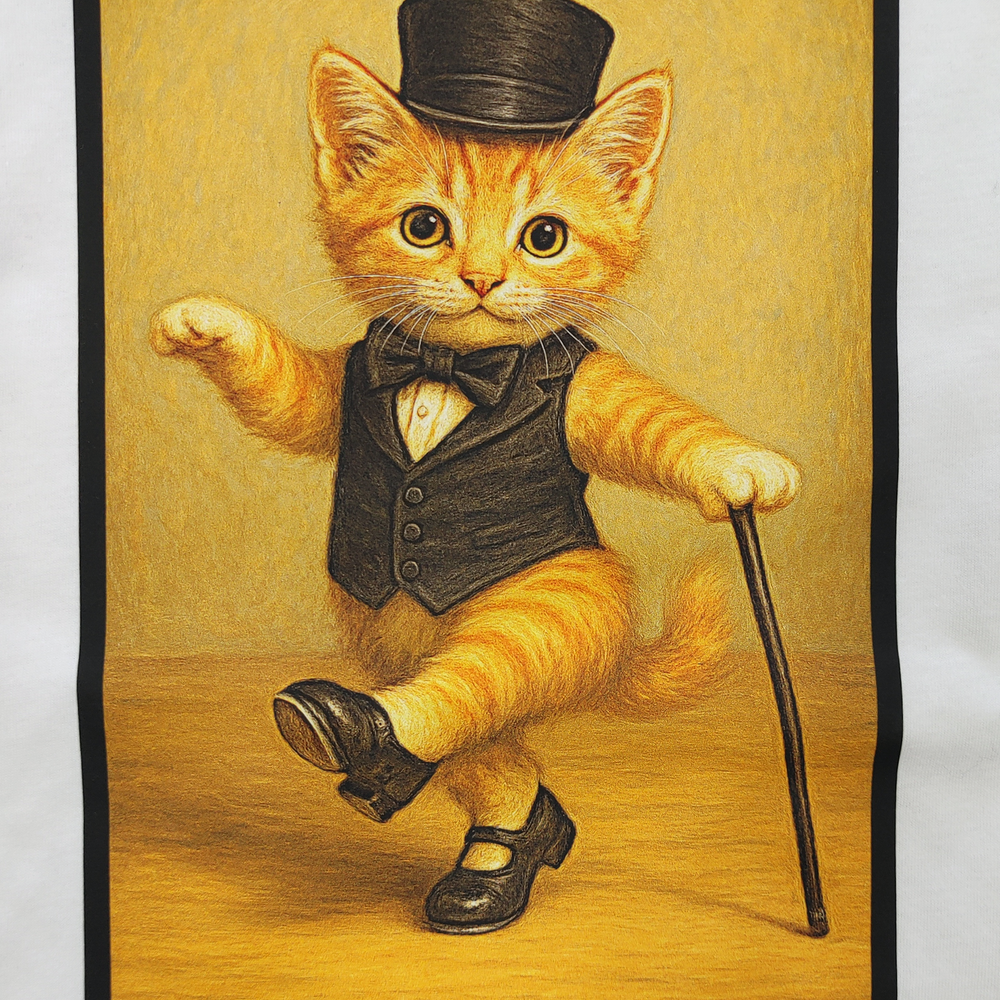 Tap dancing cat in formal attire with top hat and cane on a yellow background