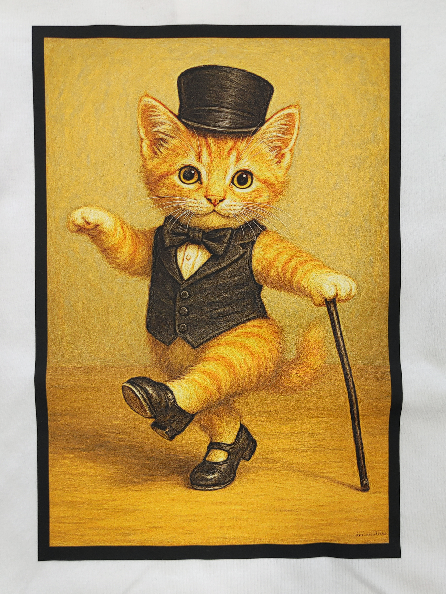 Tap dancing cat in formal attire with top hat and cane on a yellow background